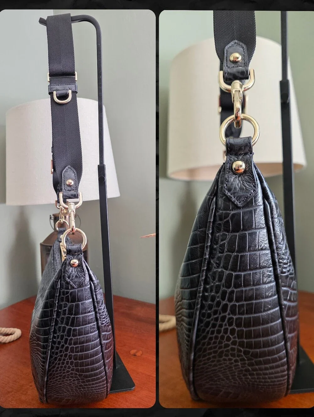Brahmin Percy Black Alden Road Croc Embossed Crescent Crossbody Bag